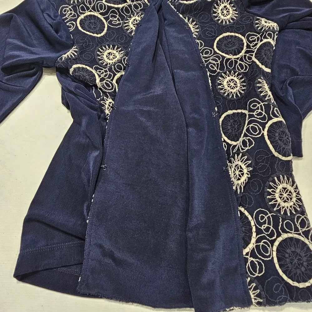 Navy Blue Embroidered Mesh Front Hook‎ and Eye Cardigan Long Sleeve V-Neck